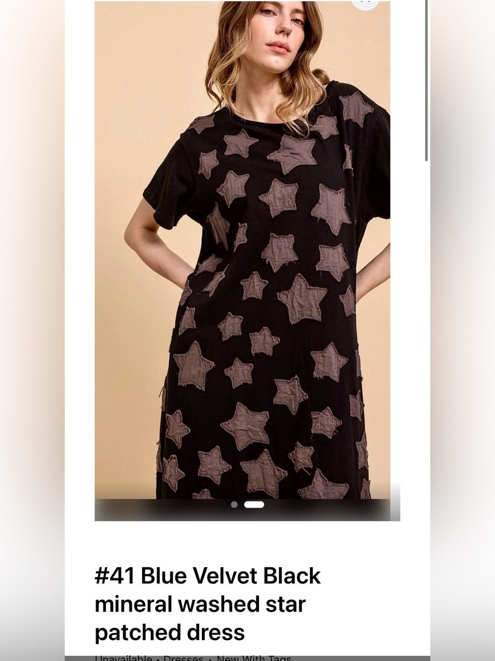 Blue Velvet Mineral-Wash Black Midi Dress with Taupe Star Patches